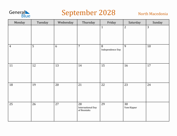September 2028 Holiday Calendar with Monday Start
