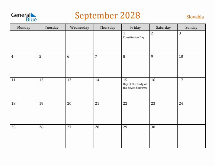 September 2028 Holiday Calendar with Monday Start
