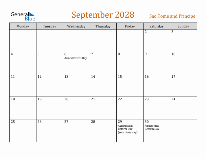 September 2028 Holiday Calendar with Monday Start