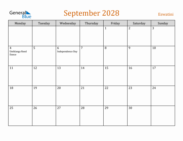 September 2028 Holiday Calendar with Monday Start