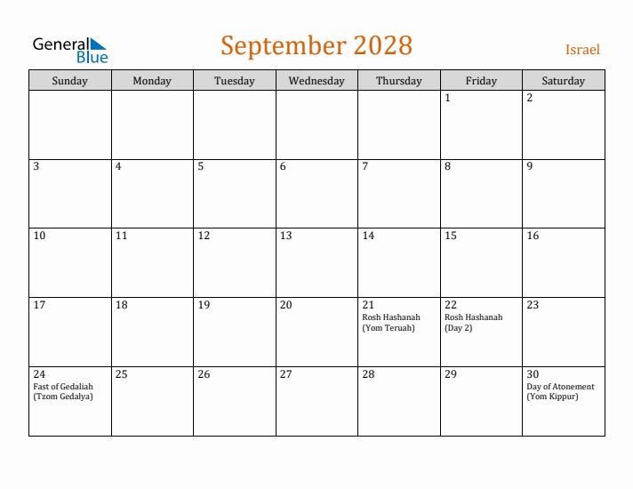 September 2028 Holiday Calendar with Sunday Start