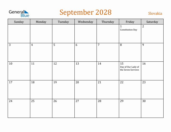 September 2028 Holiday Calendar with Sunday Start