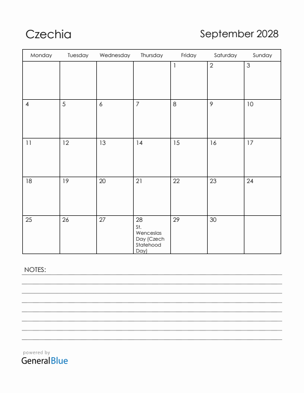 September 2028 Czechia Calendar with Holidays (Monday Start)