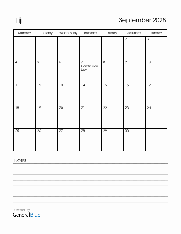 September 2028 Fiji Calendar with Holidays (Monday Start)