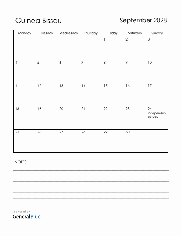 September 2028 Guinea-Bissau Calendar with Holidays (Monday Start)