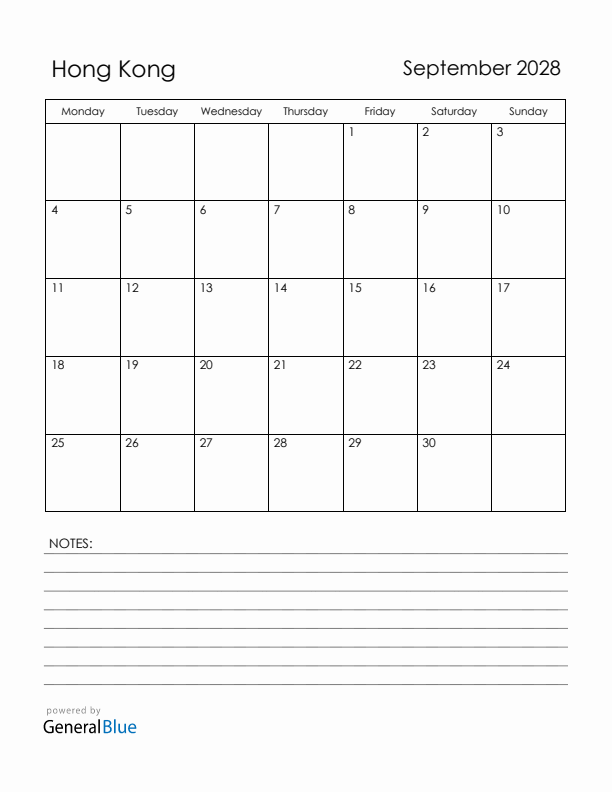 September 2028 Hong Kong Calendar with Holidays (Monday Start)