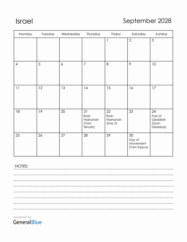 September 2028 Israel Calendar with Holidays (Monday Start)