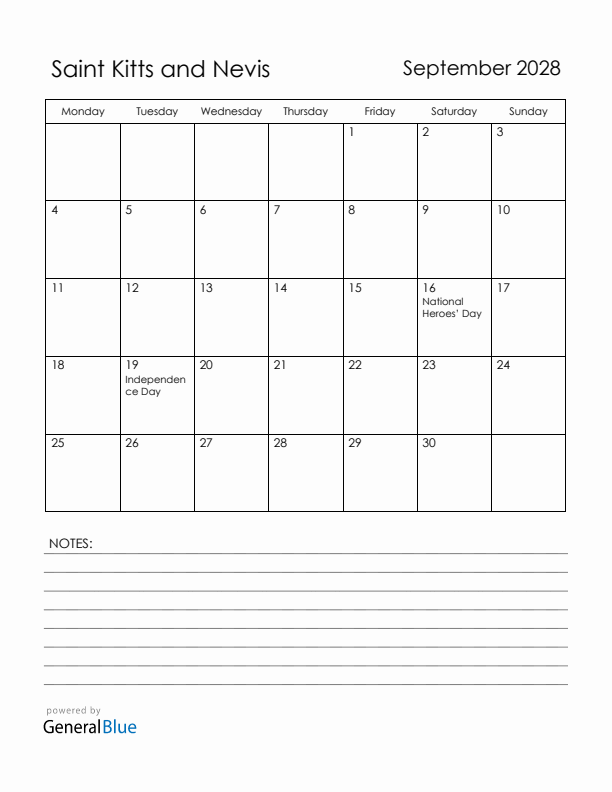 September 2028 Saint Kitts and Nevis Calendar with Holidays (Monday Start)