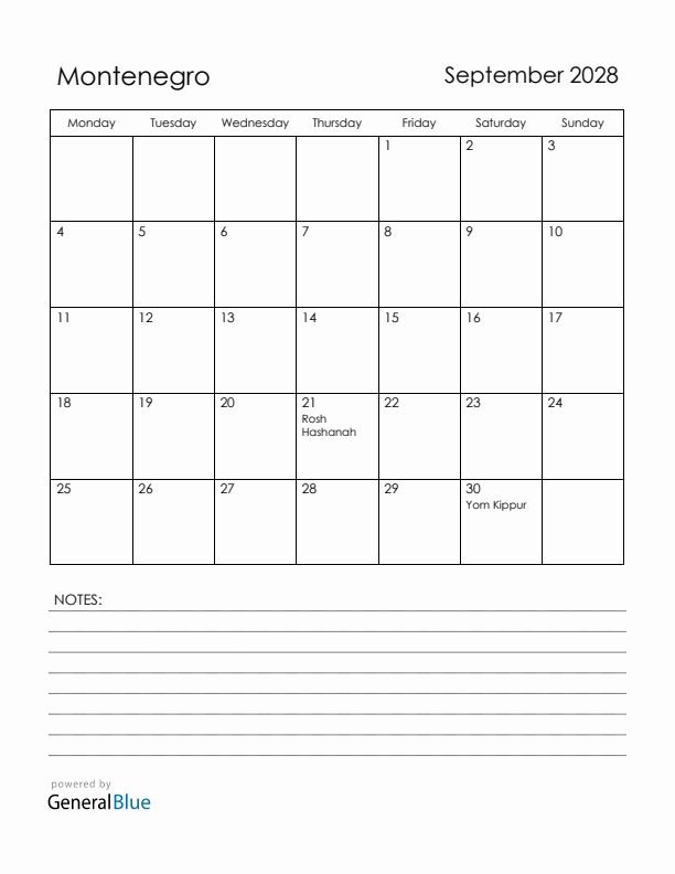 September 2028 Montenegro Calendar with Holidays (Monday Start)