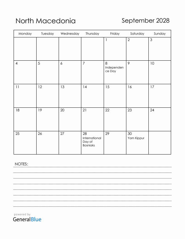 September 2028 North Macedonia Calendar with Holidays (Monday Start)