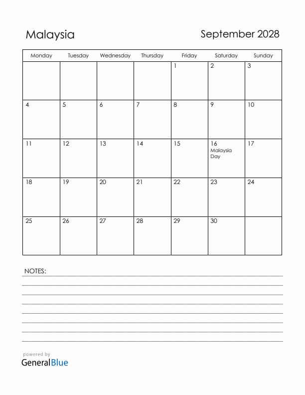 September 2028 Malaysia Calendar with Holidays (Monday Start)