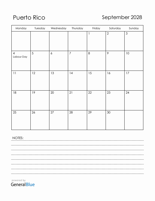 September 2028 Puerto Rico Calendar with Holidays (Monday Start)