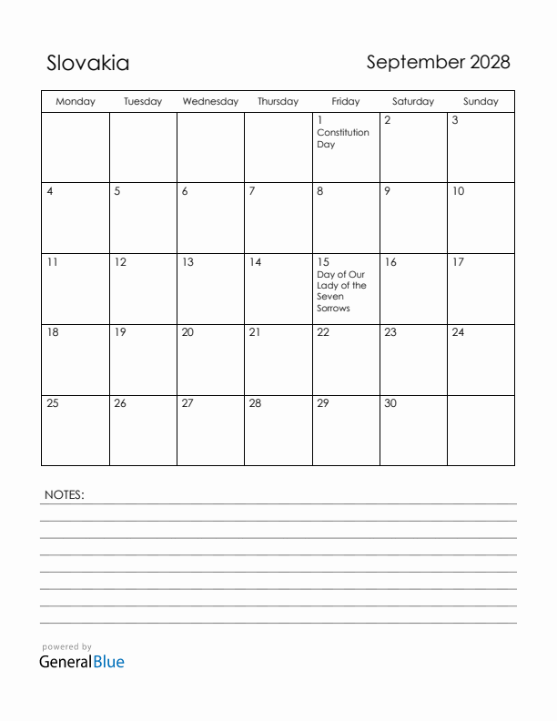 September 2028 Slovakia Calendar with Holidays (Monday Start)