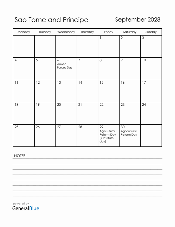 September 2028 Sao Tome and Principe Calendar with Holidays (Monday Start)