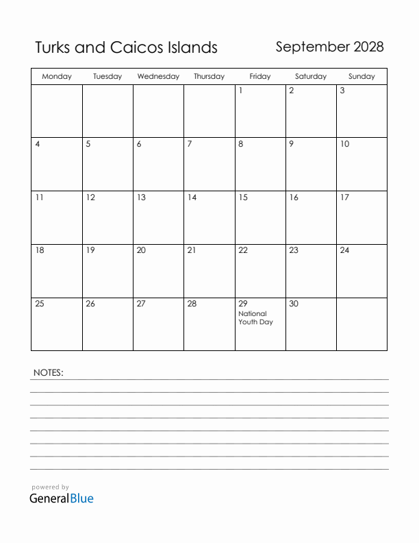 September 2028 Turks and Caicos Islands Calendar with Holidays (Monday Start)