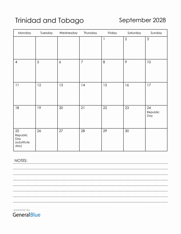 September 2028 Trinidad and Tobago Calendar with Holidays (Monday Start)