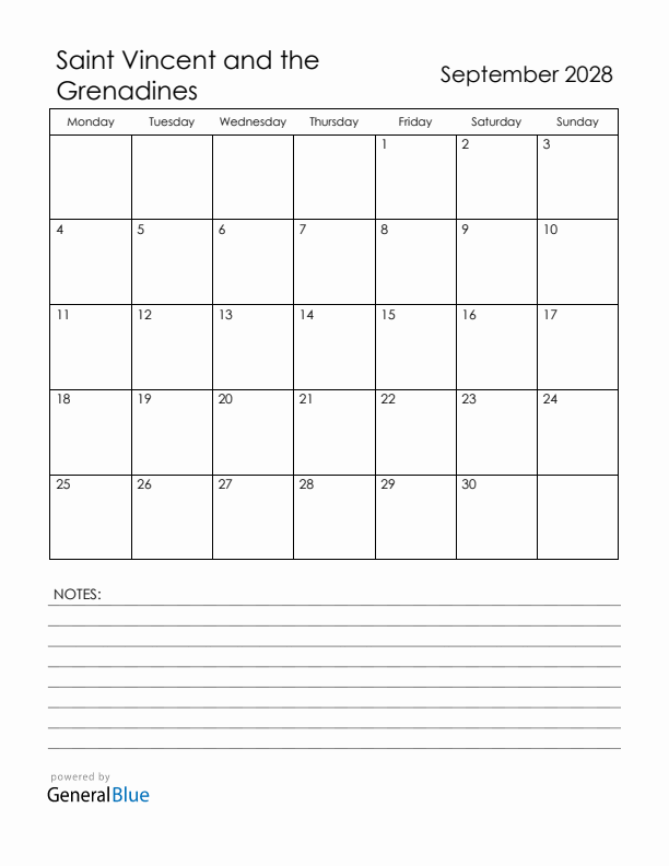 September 2028 Saint Vincent and the Grenadines Calendar with Holidays (Monday Start)