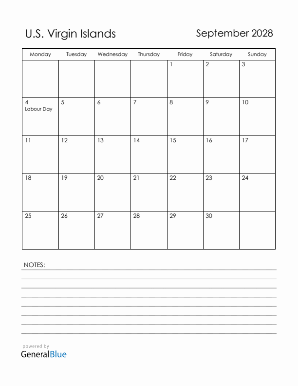 September 2028 U.S. Virgin Islands Calendar with Holidays (Monday Start)
