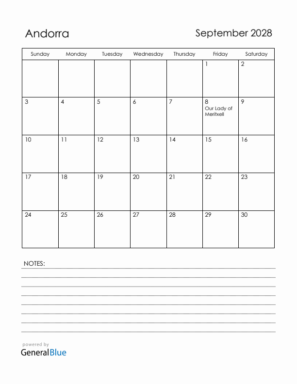 September 2028 Andorra Calendar with Holidays (Sunday Start)