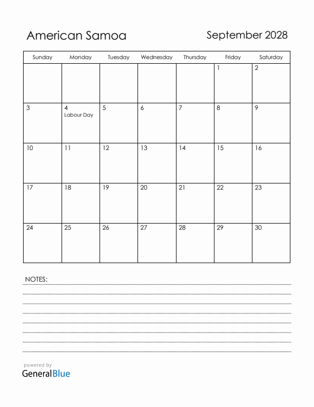 September 2028 American Samoa Calendar with Holidays (Sunday Start)