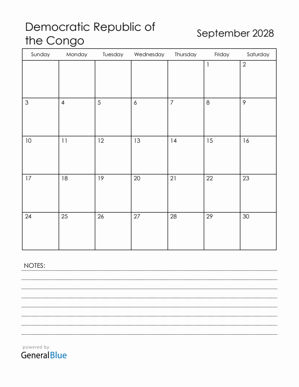September 2028 Democratic Republic of the Congo Calendar with Holidays (Sunday Start)