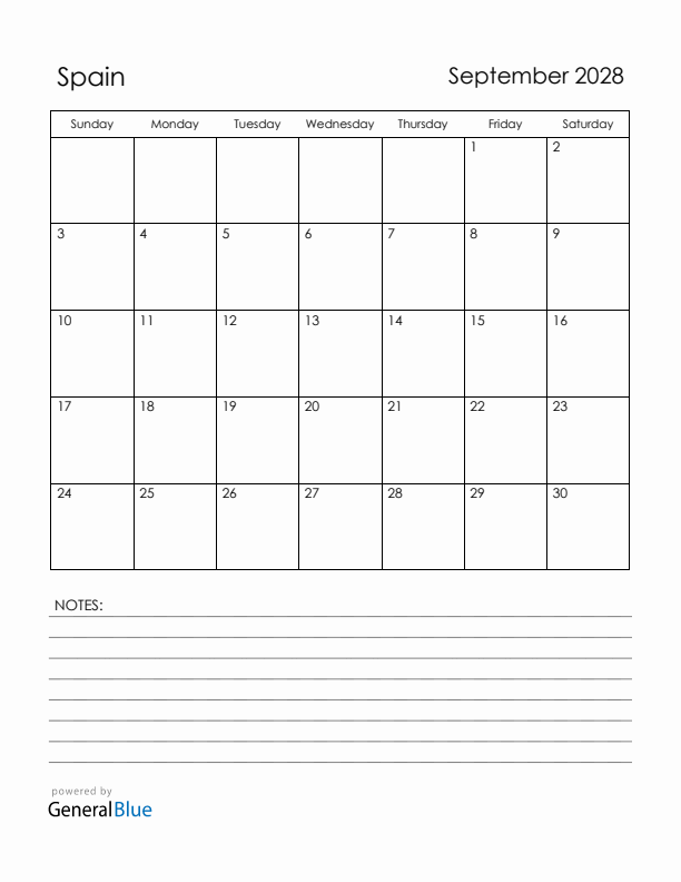 September 2028 Spain Calendar with Holidays (Sunday Start)
