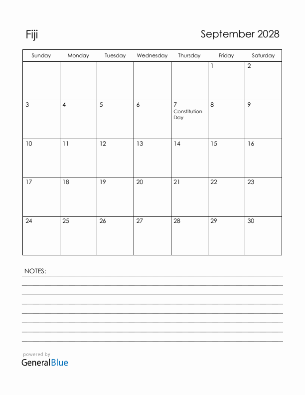 September 2028 Fiji Calendar with Holidays (Sunday Start)