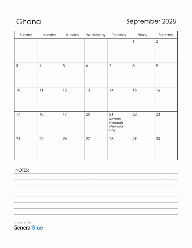 September 2028 Ghana Calendar with Holidays (Sunday Start)