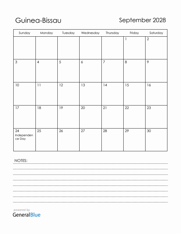 September 2028 Guinea-Bissau Calendar with Holidays (Sunday Start)