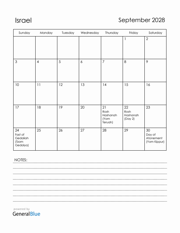 September 2028 Israel Calendar with Holidays (Sunday Start)