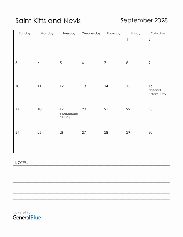 September 2028 Saint Kitts and Nevis Calendar with Holidays (Sunday Start)