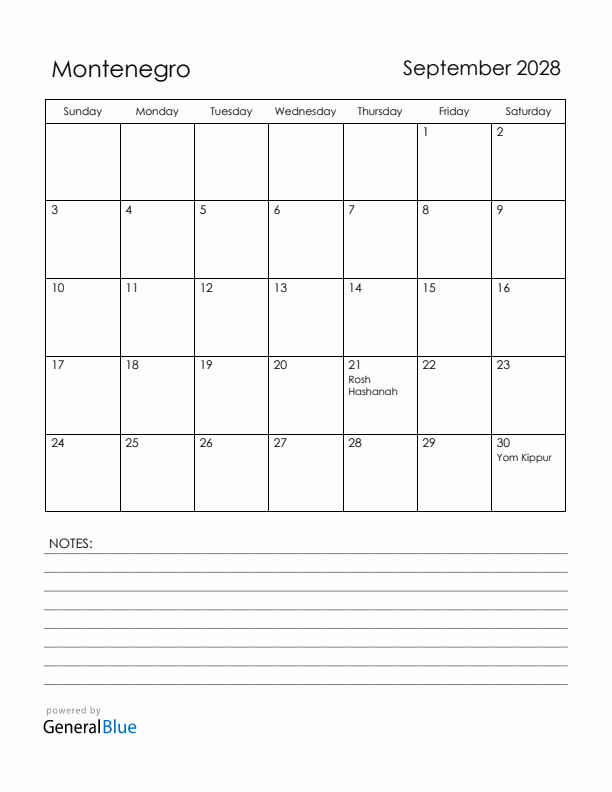 September 2028 Montenegro Calendar with Holidays (Sunday Start)