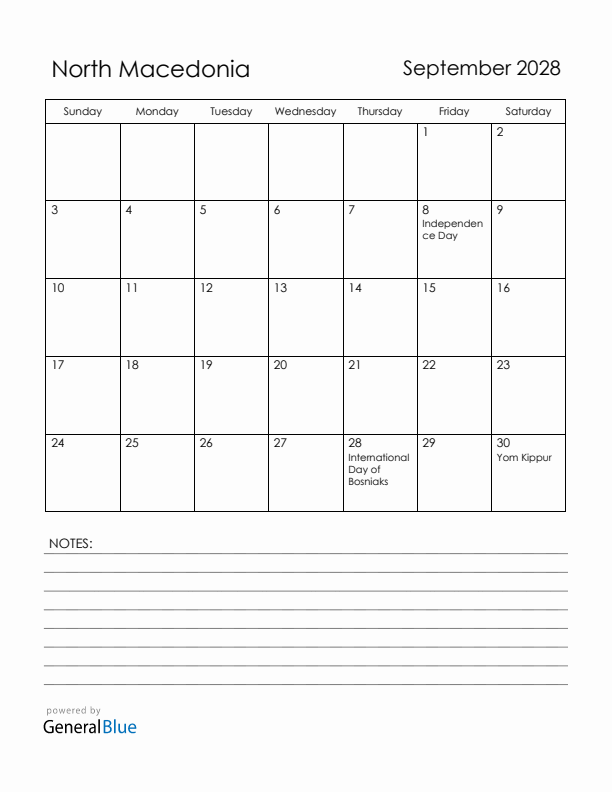 September 2028 North Macedonia Calendar with Holidays (Sunday Start)