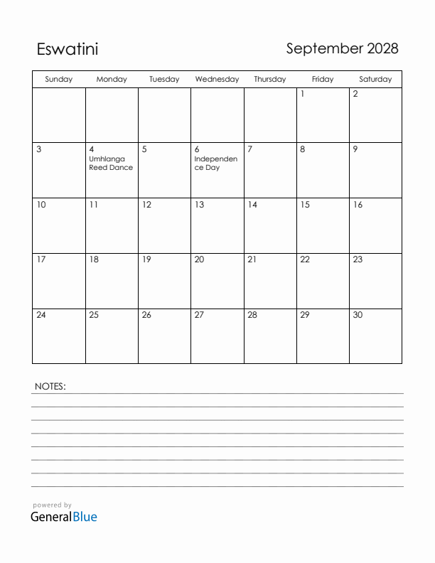 September 2028 Eswatini Calendar with Holidays (Sunday Start)