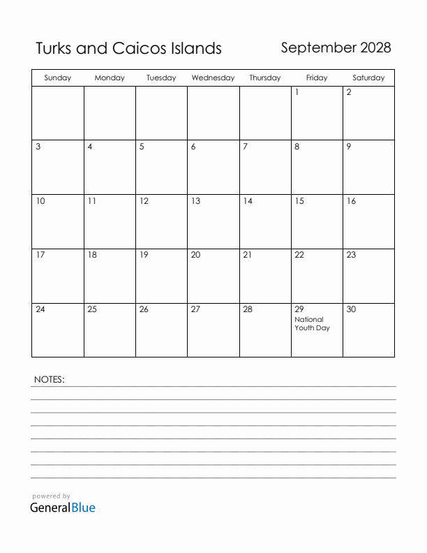 September 2028 Turks and Caicos Islands Calendar with Holidays (Sunday Start)