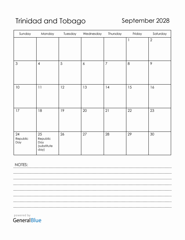 September 2028 Trinidad and Tobago Calendar with Holidays (Sunday Start)