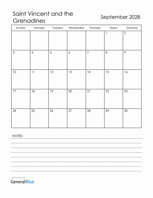 September 2028 Saint Vincent and the Grenadines Calendar with Holidays (Sunday Start)