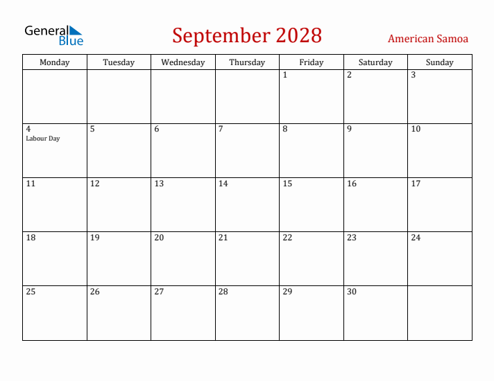 American Samoa September 2028 Calendar - Monday Start