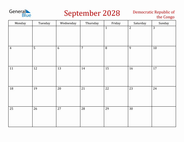 Democratic Republic of the Congo September 2028 Calendar - Monday Start