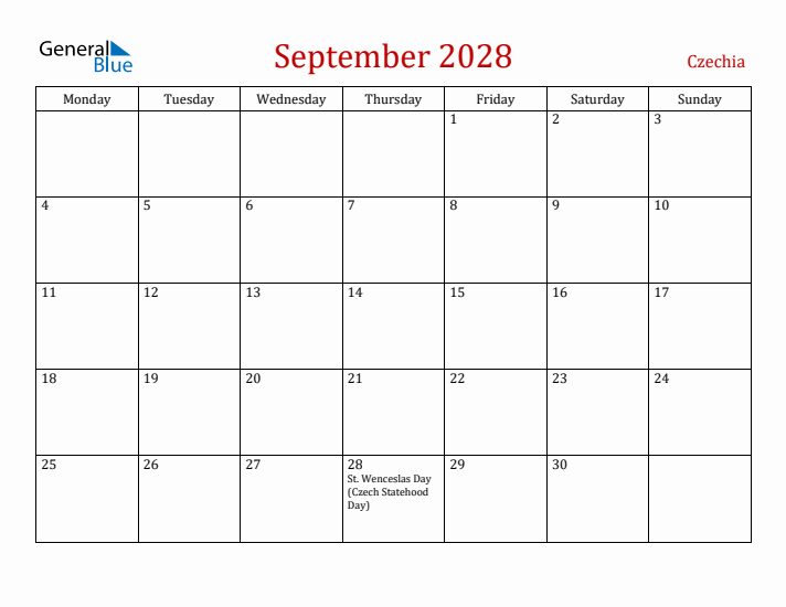 Czechia September 2028 Calendar - Monday Start