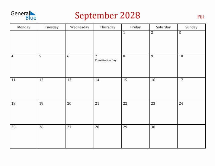 Fiji September 2028 Calendar - Monday Start