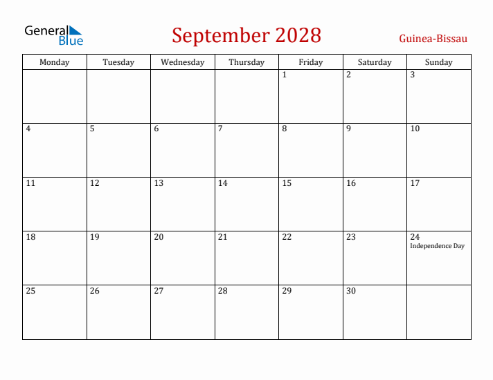Guinea-Bissau September 2028 Calendar - Monday Start