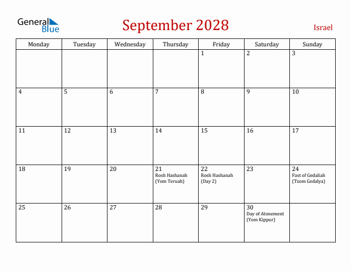Israel September 2028 Calendar - Monday Start