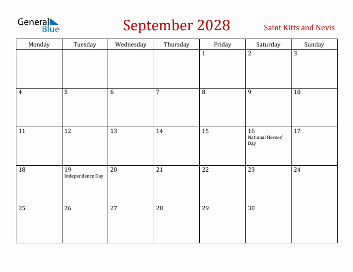 Saint Kitts and Nevis September 2028 Calendar - Monday Start