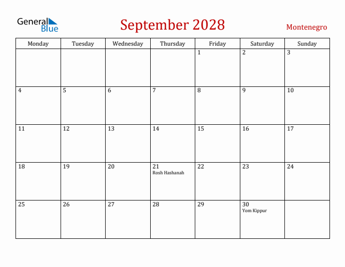 Montenegro September 2028 Calendar - Monday Start