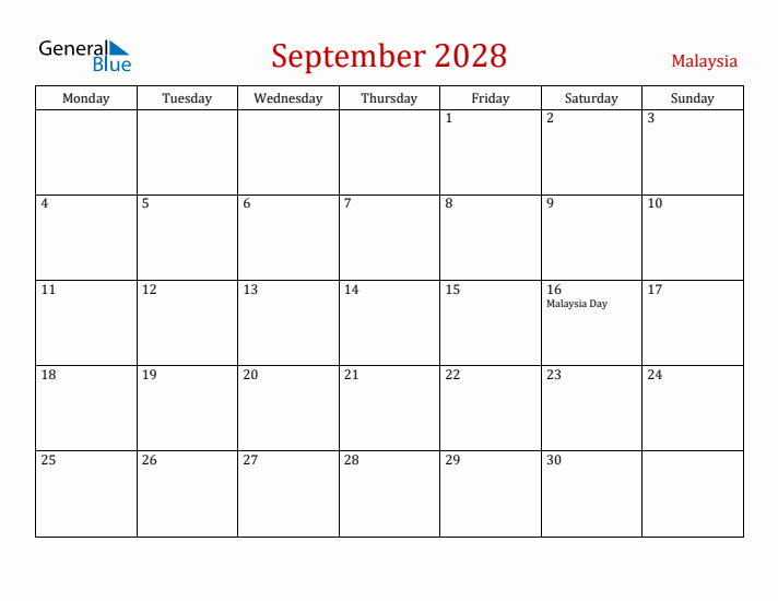 Malaysia September 2028 Calendar - Monday Start