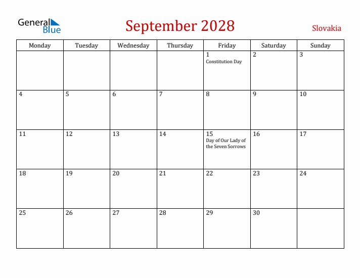 Slovakia September 2028 Calendar - Monday Start