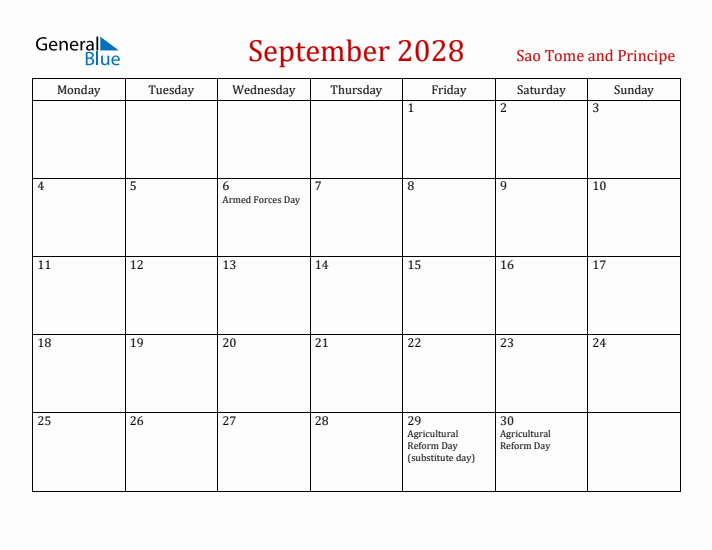Sao Tome and Principe September 2028 Calendar - Monday Start
