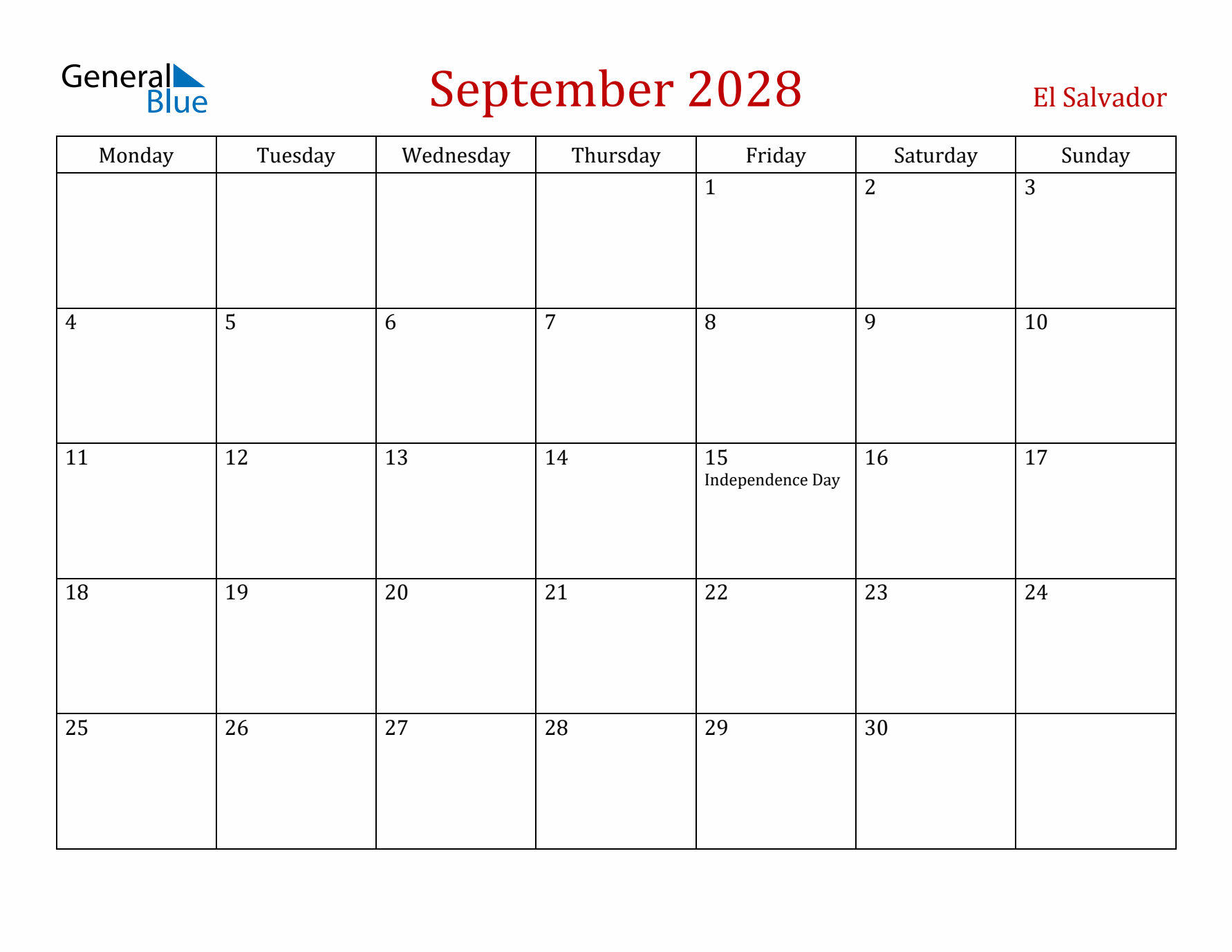 El Salvador September 2028 Calendar - Monday Start