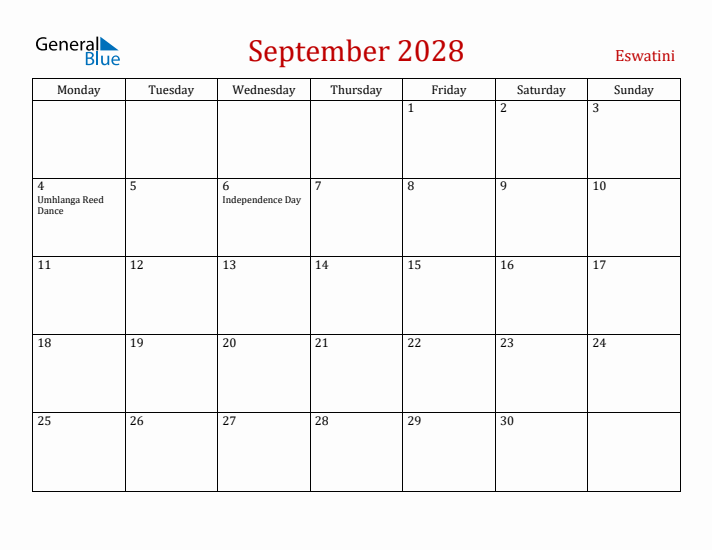 Eswatini September 2028 Calendar - Monday Start